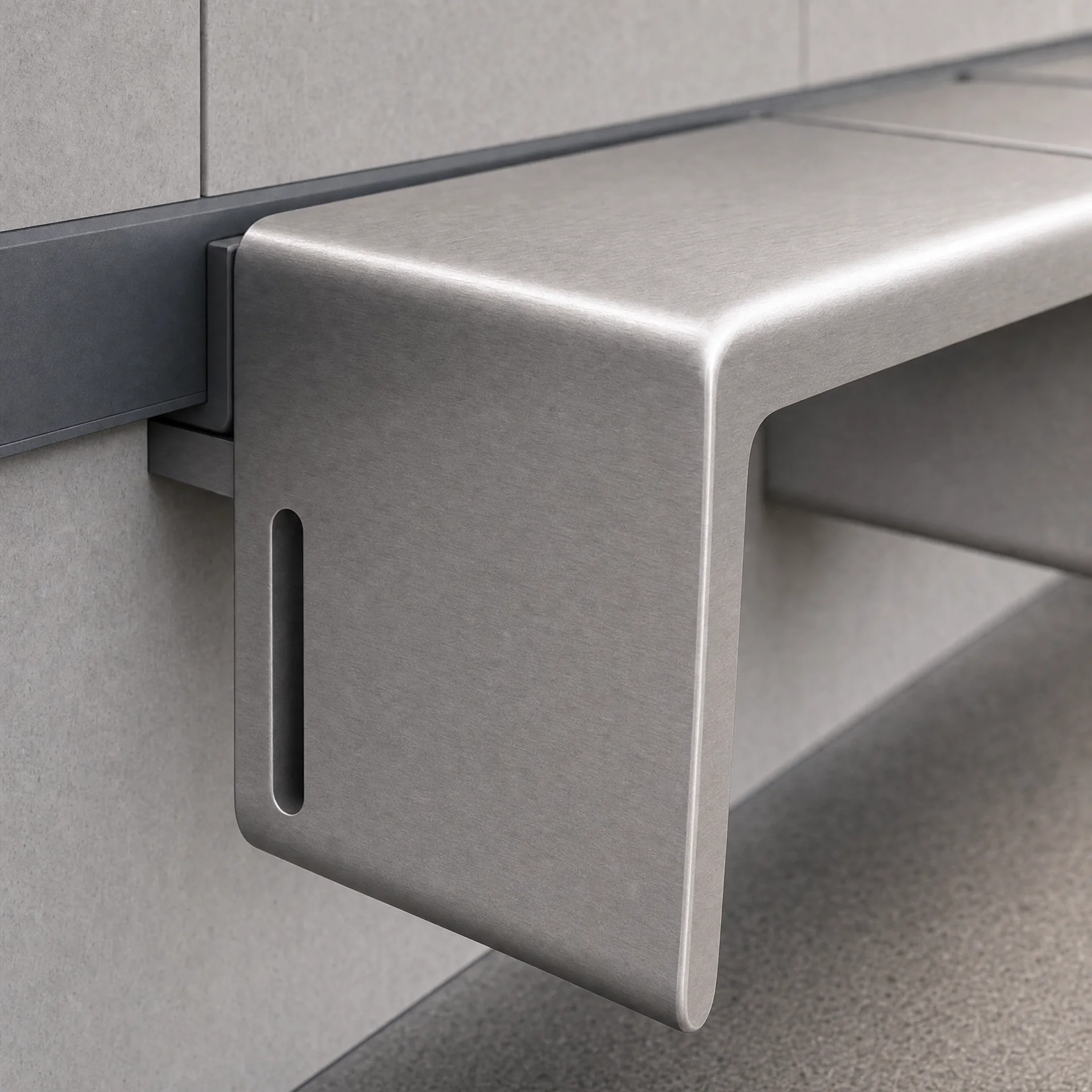 Transit Pause Bench 局部細節,呈現髮絲紋金屬表面與安裝邏輯。