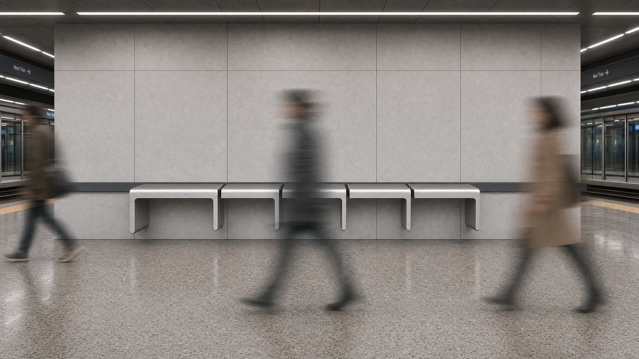 沿地鐵站牆面安裝的 Transit Pause Bench,前方有模糊的行人身影。